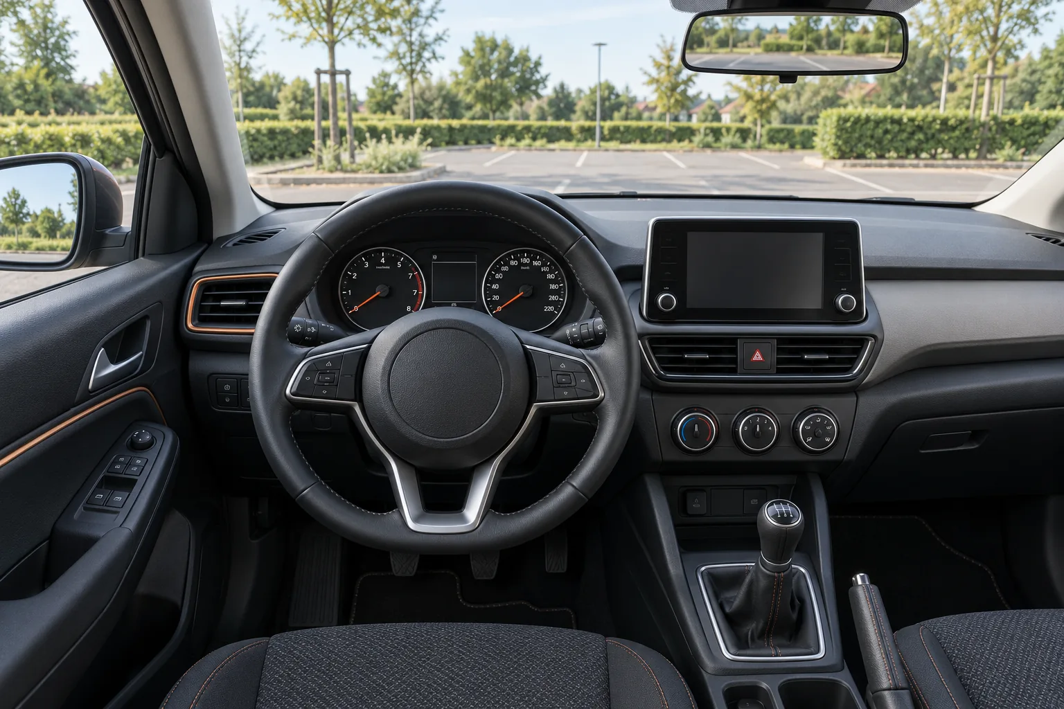 Bediening van een stilstaande auto, gezien vanaf de bestuurdersstoel